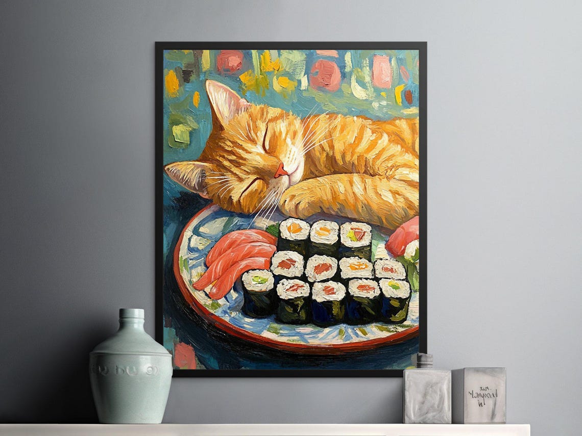 Ginger Cat Sleeping Next To Sushi Platter Oil Painting Style Poster - Image 3
