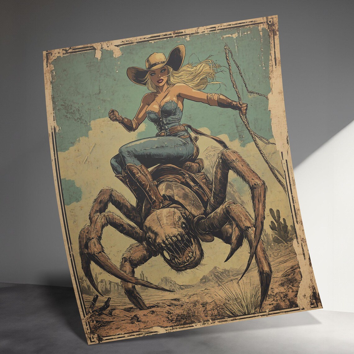 Cowgirl Riding Giant Spider Western Steampunk Fantasy Desert Wall Art - Image 3