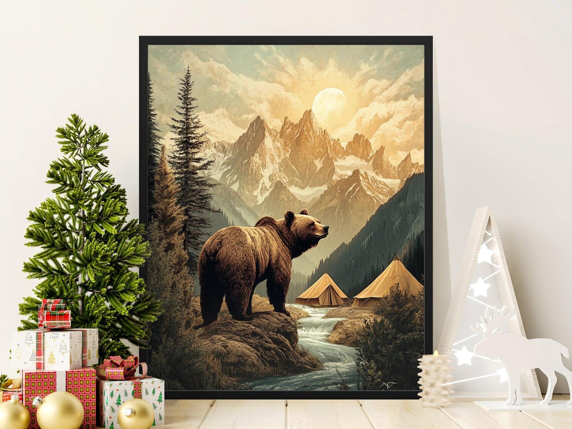 Grizzly Bear Mountain River Campsite Moonlight Vintage Wilderness Poster