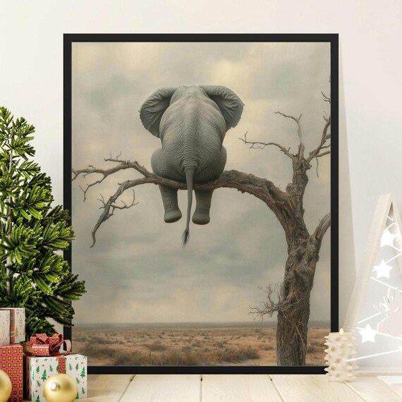 Elephant Sitting On Tree Branch Savanna Funny Quirky Wildlife Poster