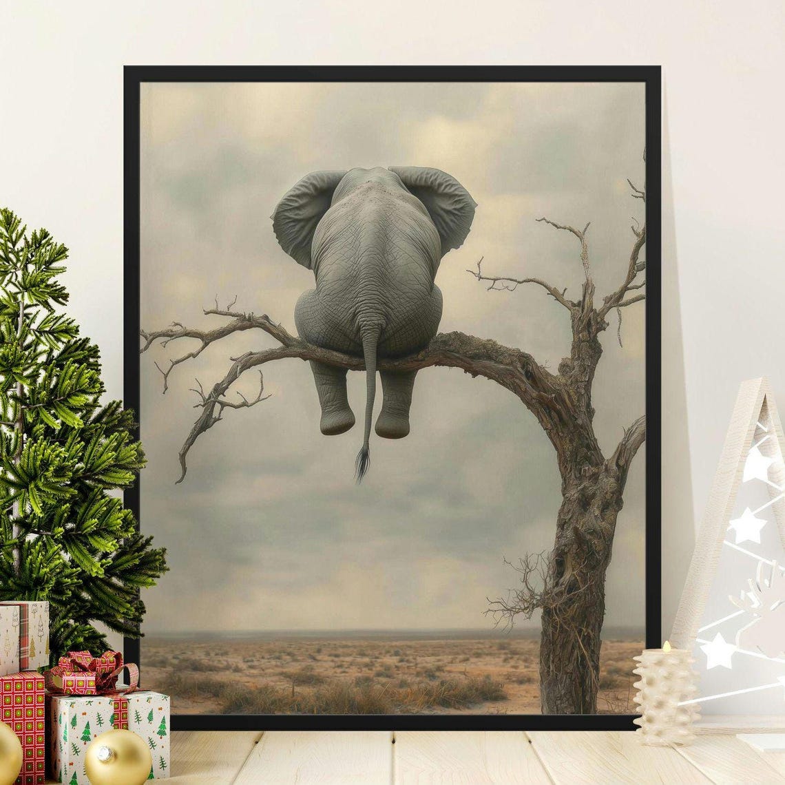 Elephant Sitting On Tree Branch Savanna Funny Quirky Wildlife Poster