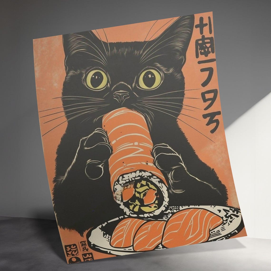 Black Cat Eating Giant Salmon Sushi Roll Retro Japanese Kitchen Poster - Image 3