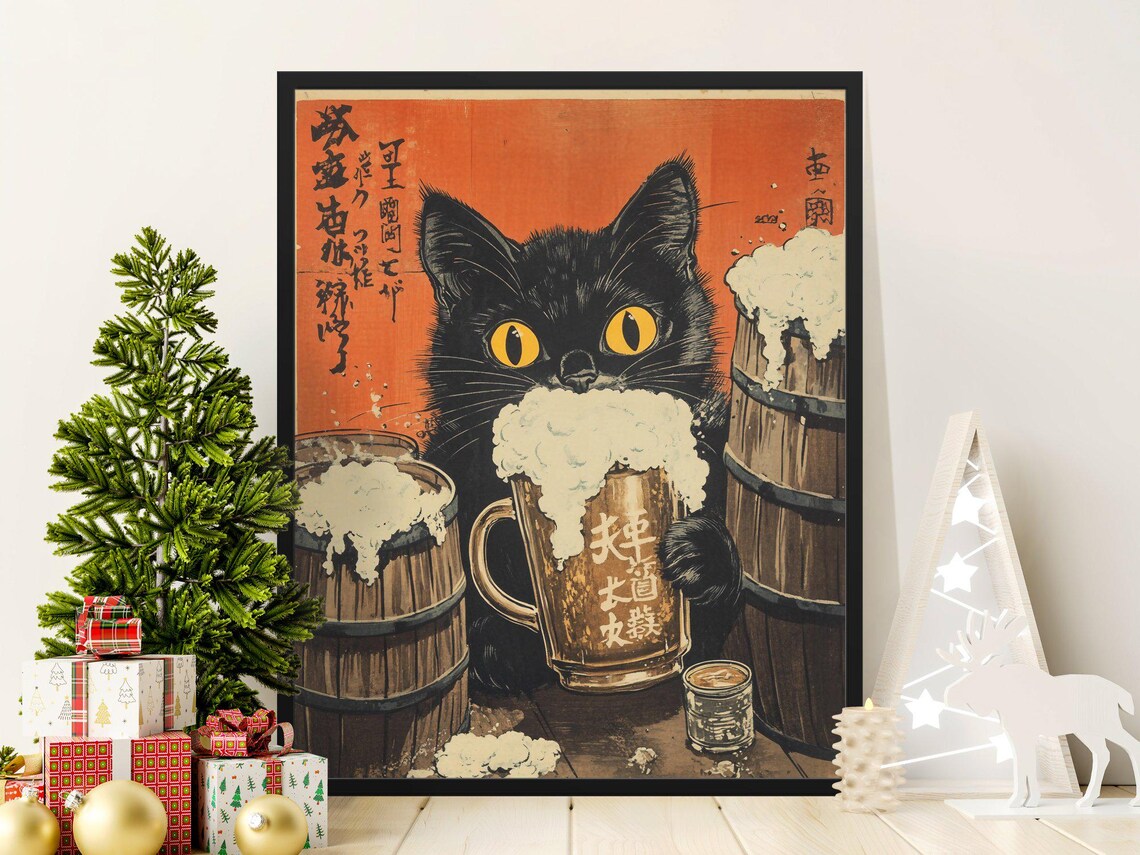 Black Cat Sipping Foaming Beer Mug And Barrels Japanese Bar Poster