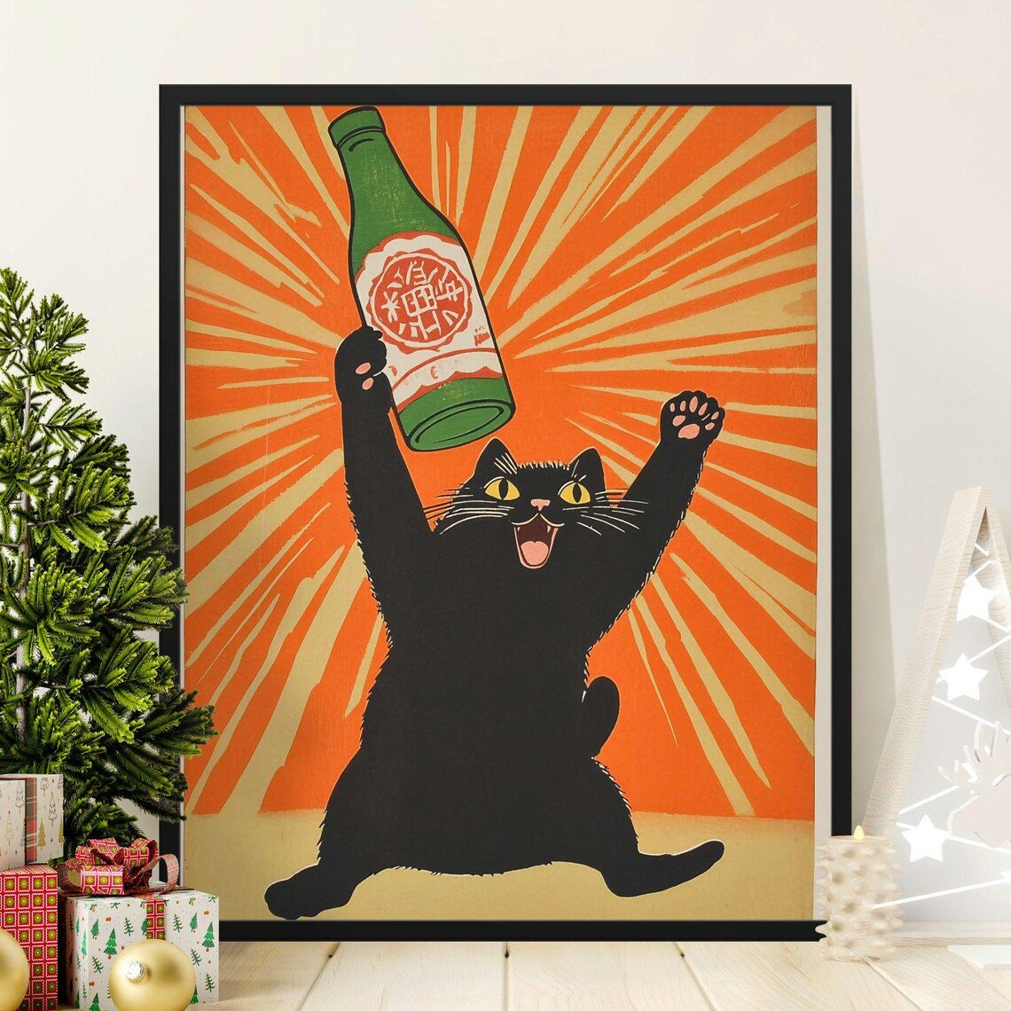 Joyful Black Cat Holding Beer Bottle Japanese Retro Orange Art Poster
