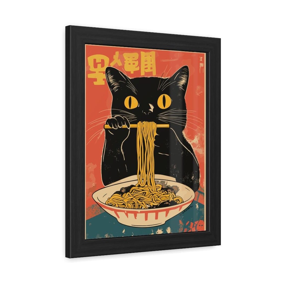 Black Cat Eating Ramen Noodles Retro Japanese Kitchen Wall Poster - Image 2
