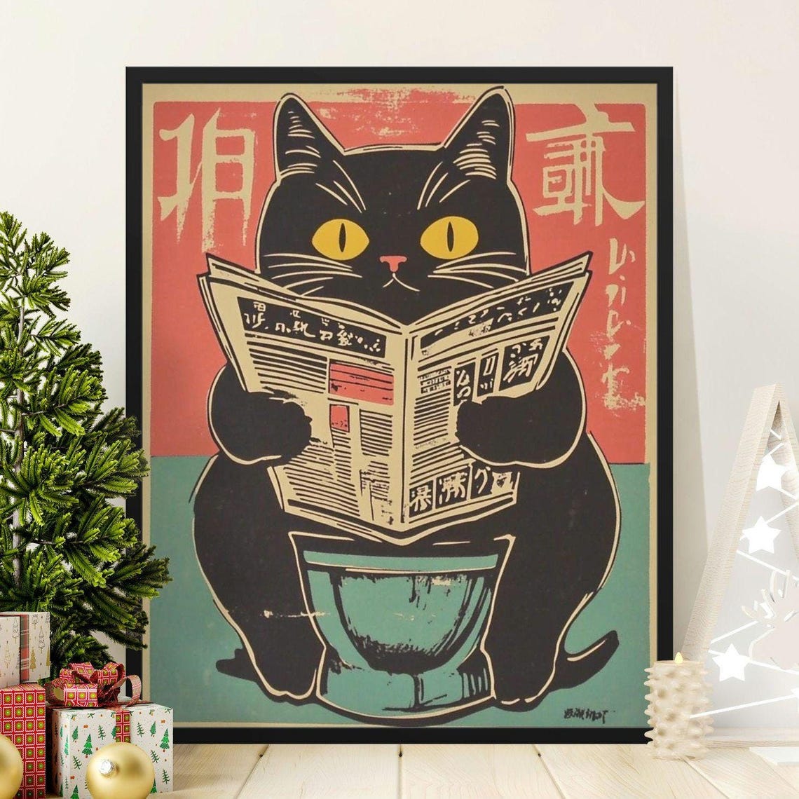 Black Cat Reading Newspaper On Toilet Ukiyo-e Japanese Style Wall Art