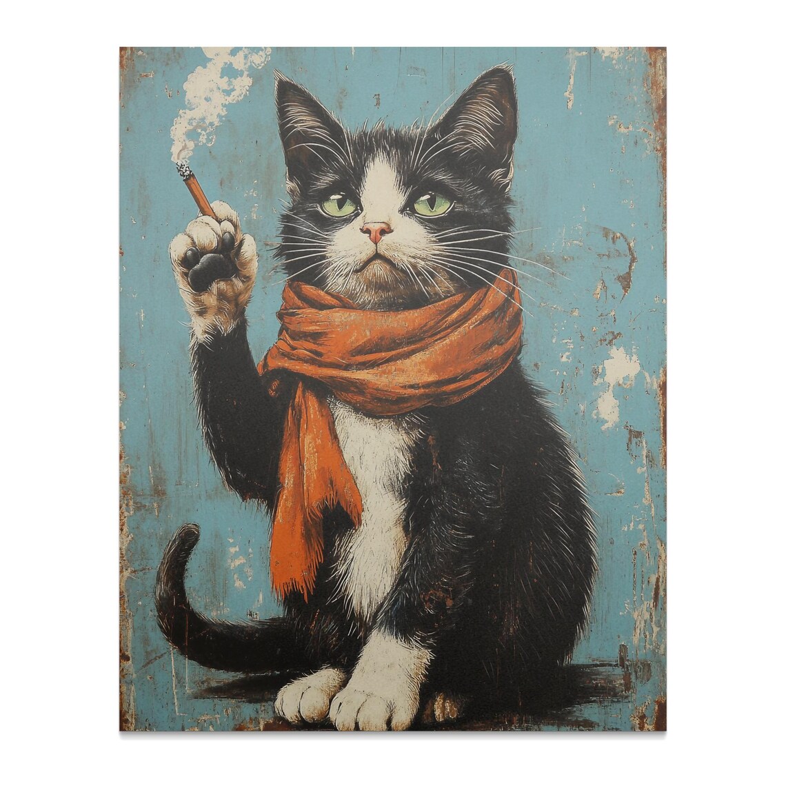 Cool Cat In Orange Scarf Smoking Cigarette Vintage Portrait Poster - Image 2