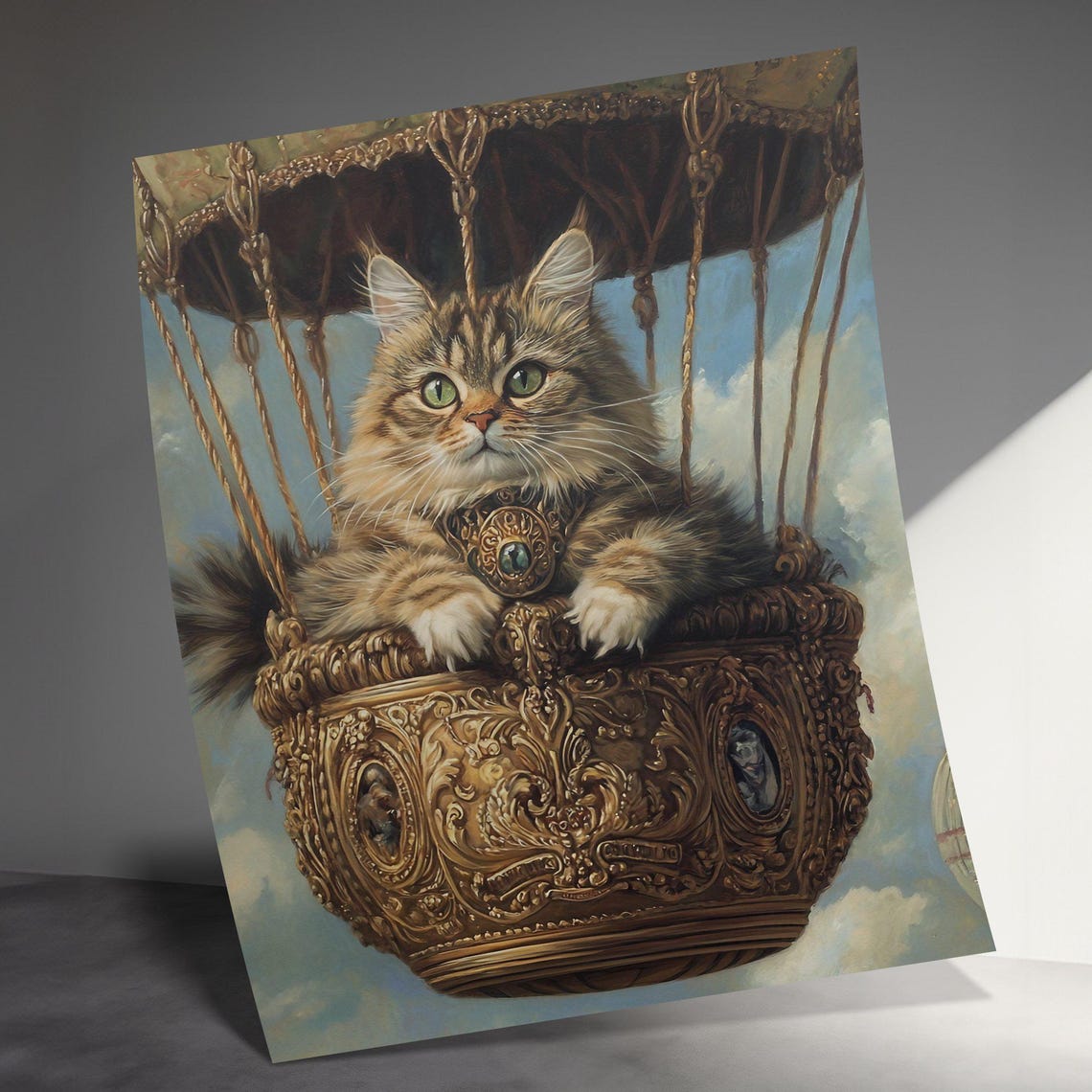 Fluffy Tabby Cat In Ornate Hot Air Balloon Basket Sky Whimsical Poster - Image 3