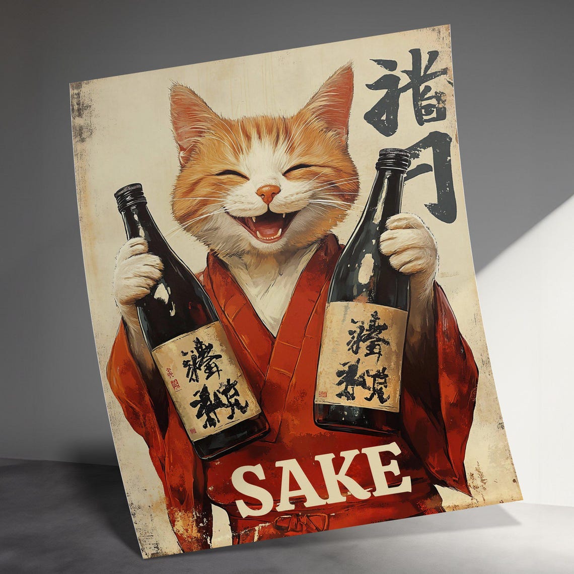 Vintage Smiling Ginger Cat In Kimono With Two Sake Bottles Art Poster - Image 3