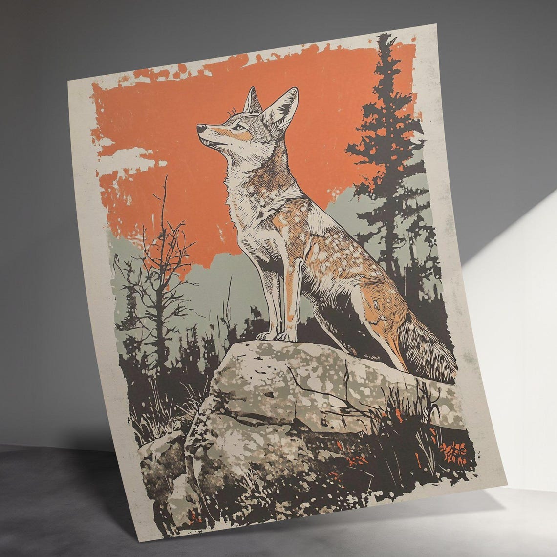 Coyote Standing On Rock Sunset Forest Retro Wilderness Wildlife Poster - Image 3
