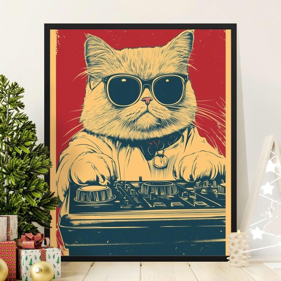 DJ Cat With Sunglasses Retro Pop Art Style Cool Music Feline Wall Art