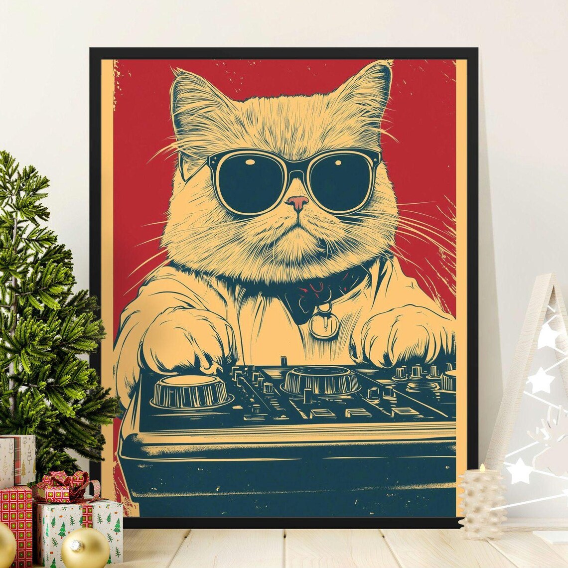 DJ Cat With Sunglasses Retro Pop Art Style Cool Music Feline Wall Art