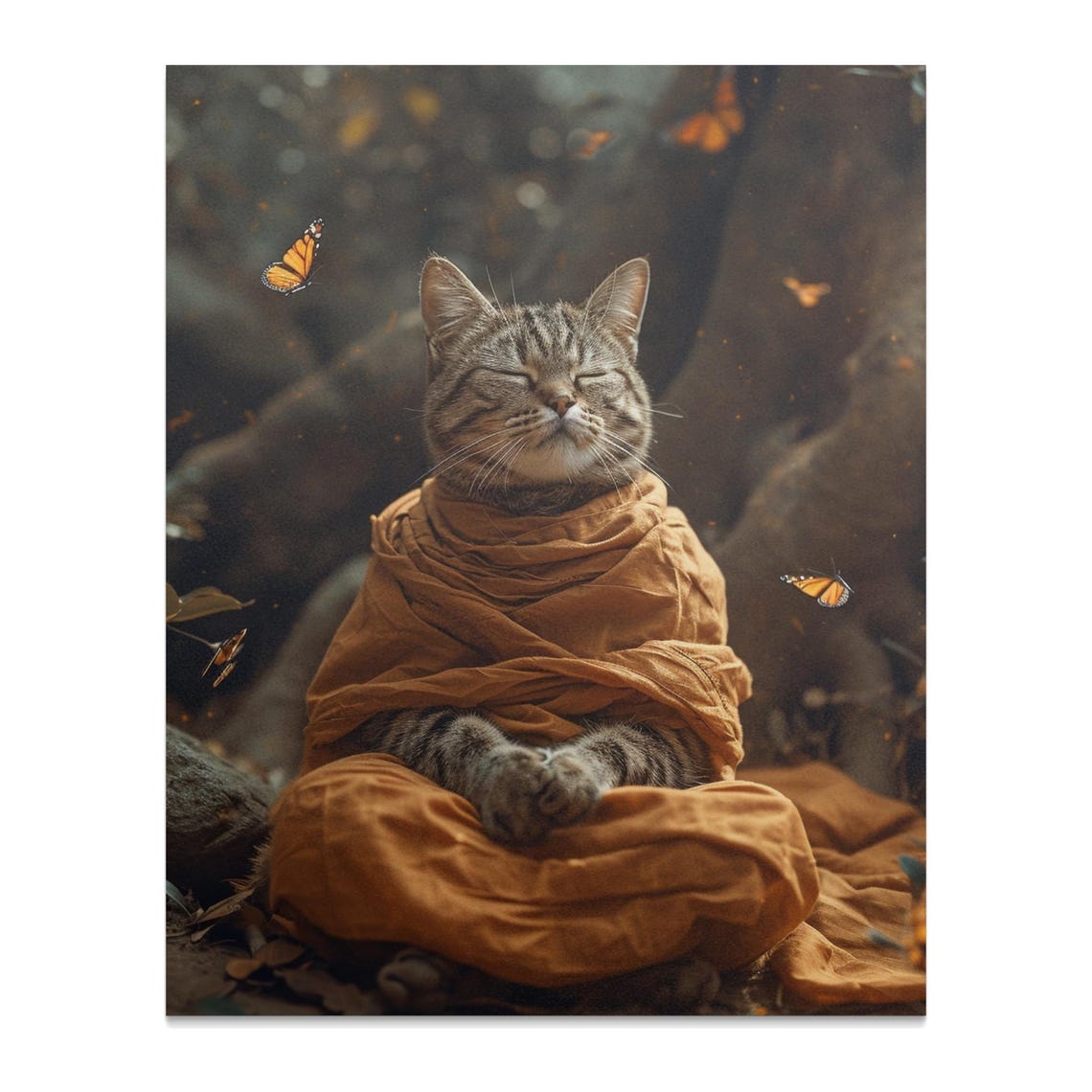 Zen Cat Meditating Orange Robe Butterflies Tranquil Nature Poster - Image 2