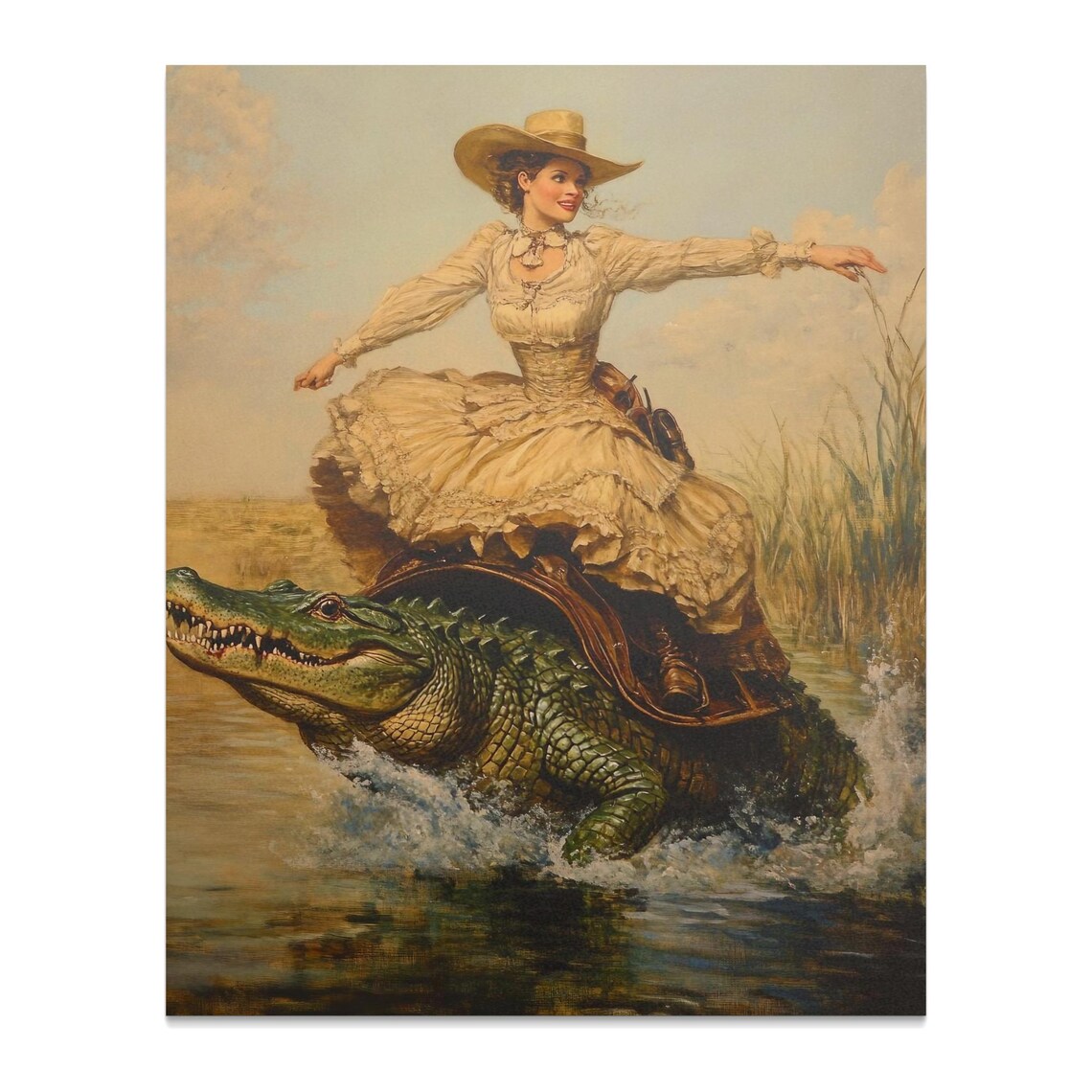 Western Lady Riding Alligator Vintage Swamp Adventure Wall Poster - Image 3