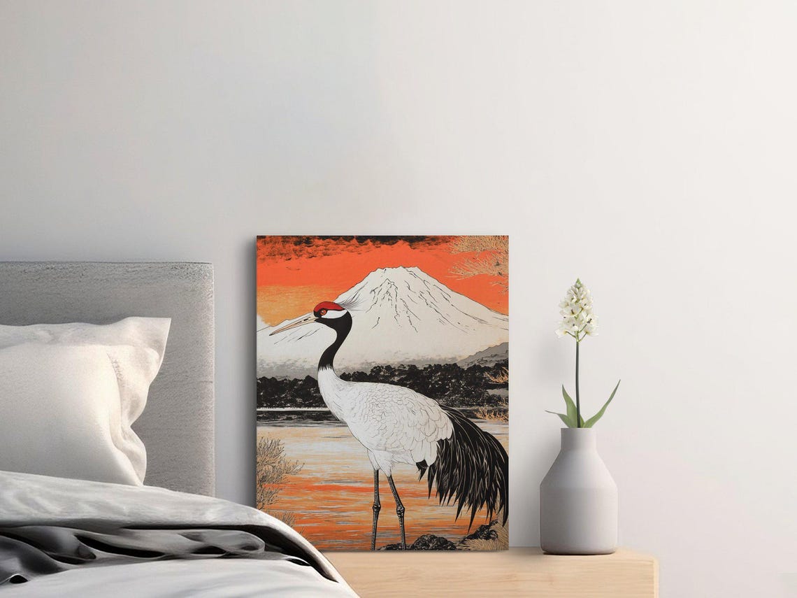 Red Crowned Crane Lake Mount Fuji Dramatic Sunset Japanese Poster - Image 2