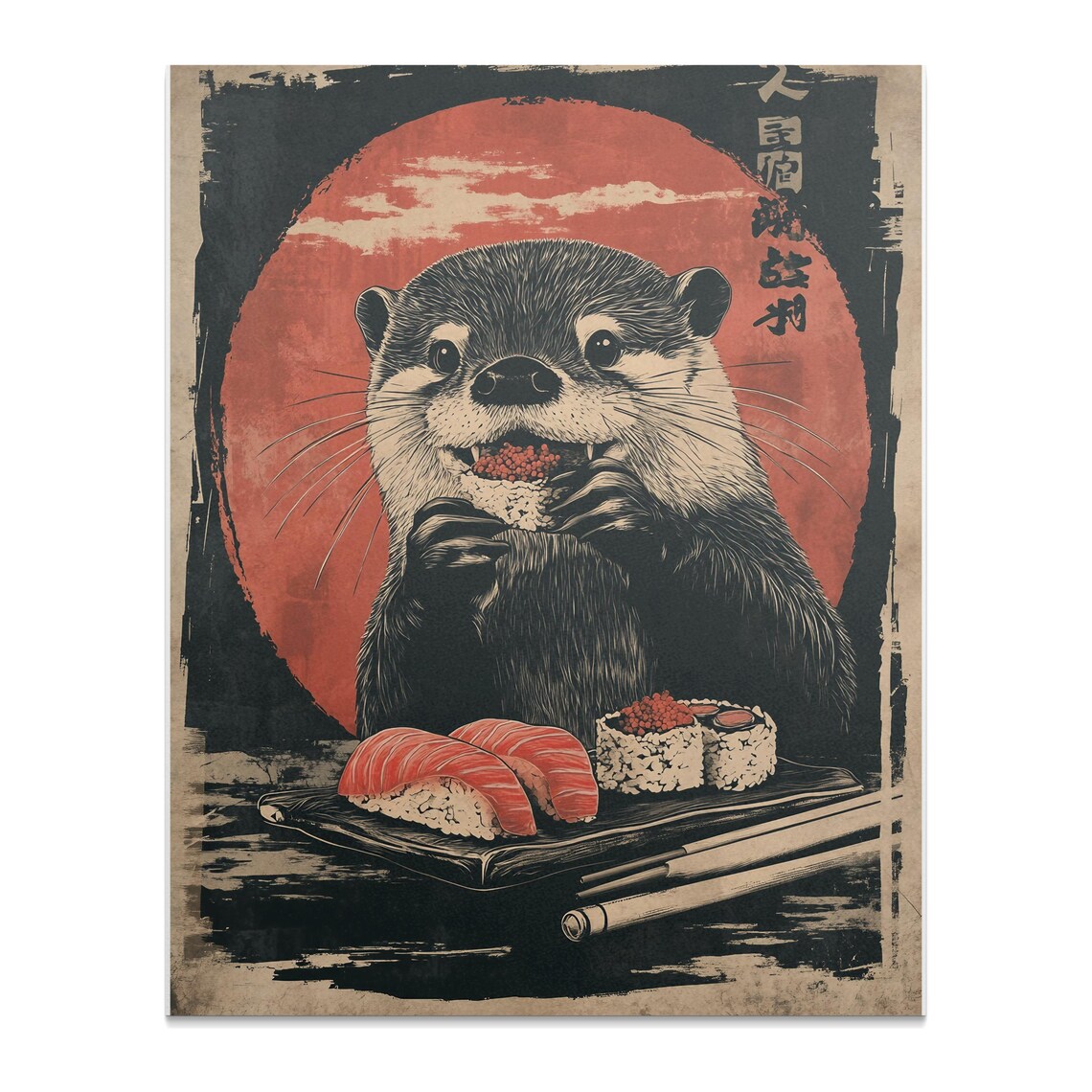 Otter Enjoying Sushi Feast Red Sun Bold Japanese Animal Art Poster - Image 2
