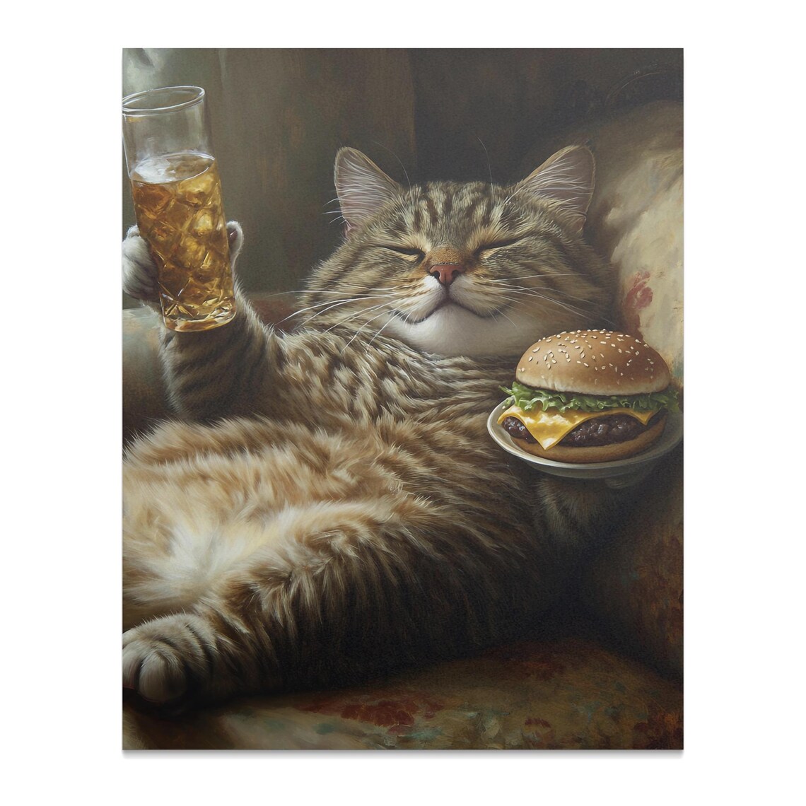 Relaxed Tabby Cat With Burger And Whiskey Glass Cozy Lounge Funny Art Poster - Image 3
