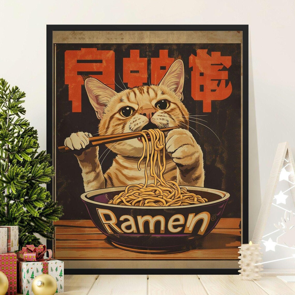 Cute Orange Kitten Eating Ramen Noodles With Chopsticks Japanese Art Poster