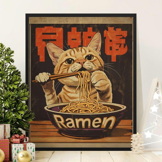 Cute Orange Kitten Eating Ramen Noodles With Chopsticks Japanese Art Poster