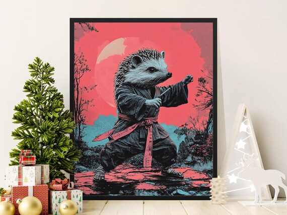 Hedgehog Karate Master In Gi Under Red Sun Japanese Animal Poster
