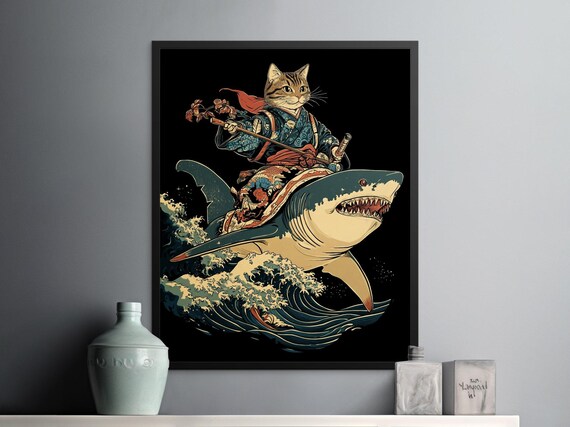 Samurai Cat Riding A Shark Great Wave Japanese Fantasy Poster