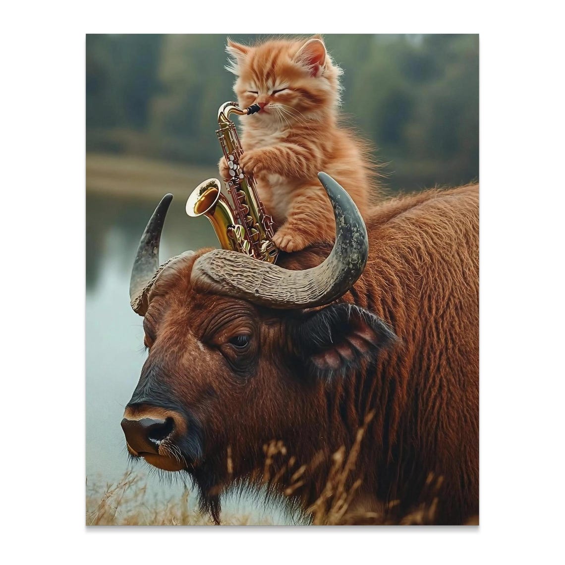 Orange Kitten Playing Saxophone On Buffalo Cute Animal Music Wall Art - Image 2