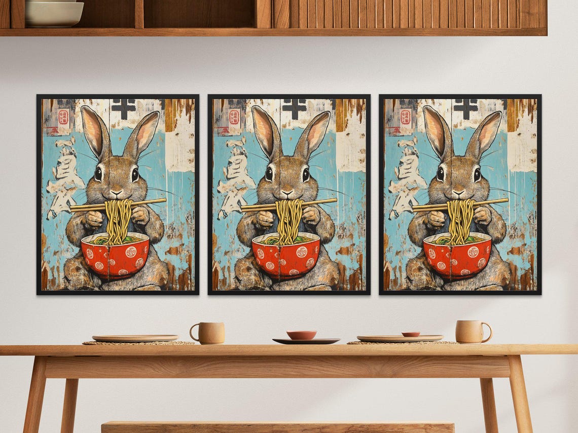 Cute Bunny Eating Noodles Chopsticks Retro Blue Japanese Art Poster - Image 2