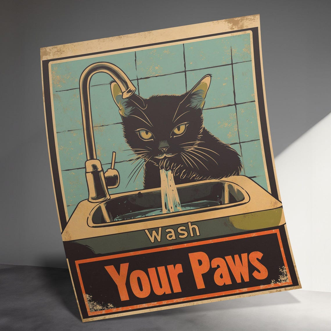 Black Cat Drinking From Faucet Wash Your Paws Funny Bathroom Poster - Image 3