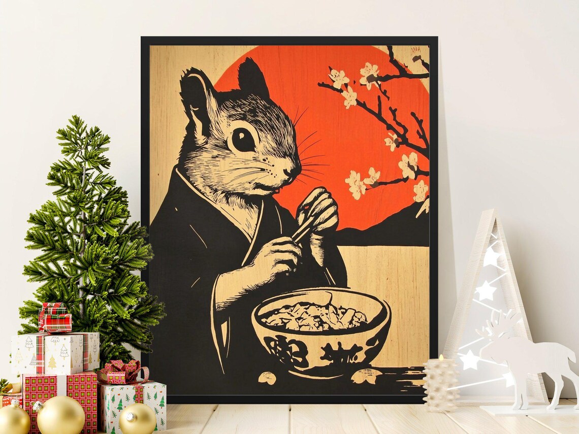Squirrel Eating Ramen Japanese Woodblock Style Cute Kitchen Wall Art Poster
