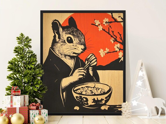 Squirrel Eating Ramen Japanese Woodblock Style Cute Kitchen Wall Art Poster