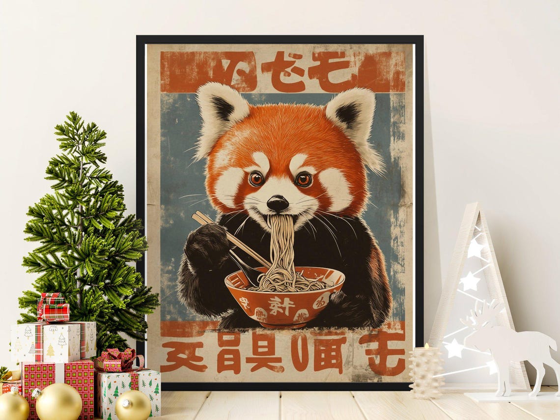 Cute Red Panda Eating Ramen Noodles Retro Japanese Kitchen Wall Poster