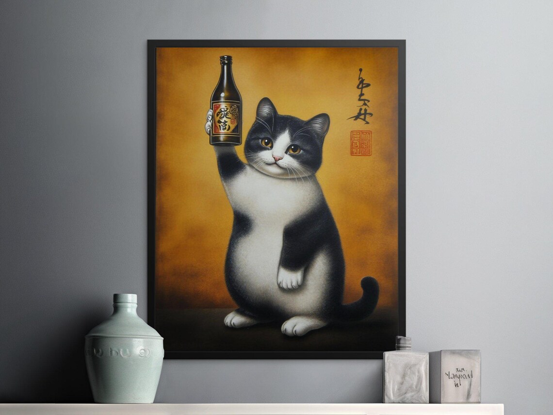 Tuxedo Cat Holding Sake Bottle Japanese Vintage Golden Poster