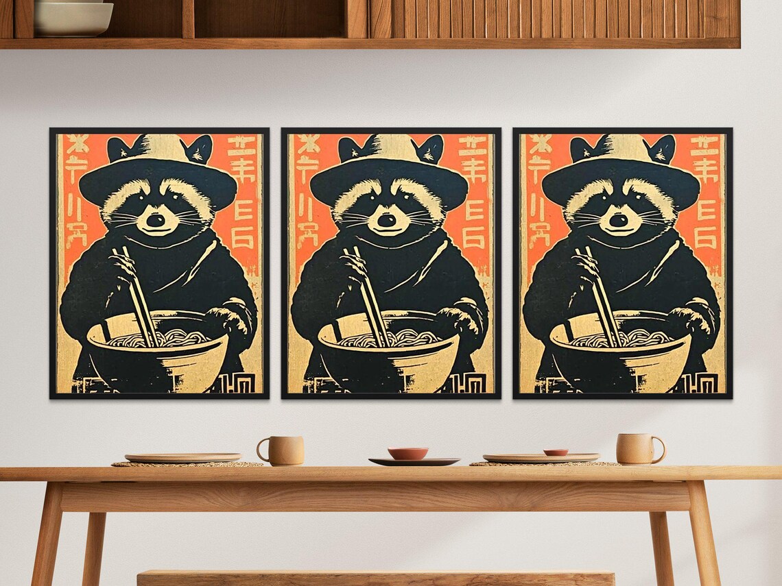 Raccoon Eating Ramen With Chopsticks Japanese Woodblock Poster - Image 2