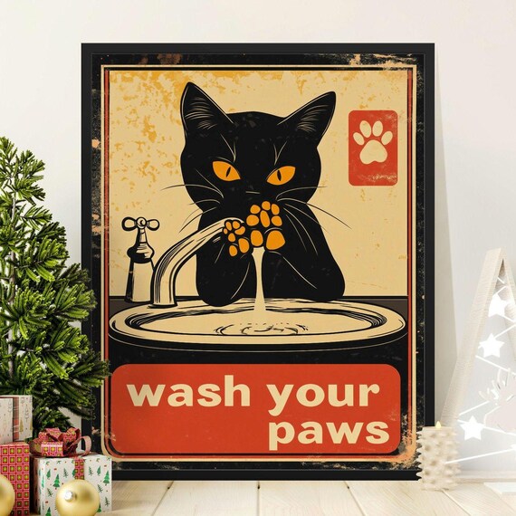 Black Cat Wash Your Paws Vintage Bathroom Sign Funny Cat Poster