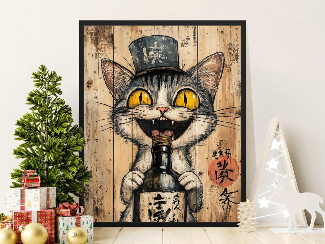 Funny Grinning Cat Sake Bottle Whimsical Japanese Bar Wall Art Poster