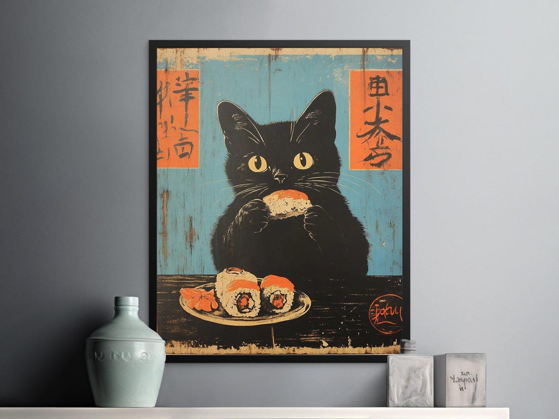 Black Cat Eating Sushi Vintage Japanese Blue Background Poster