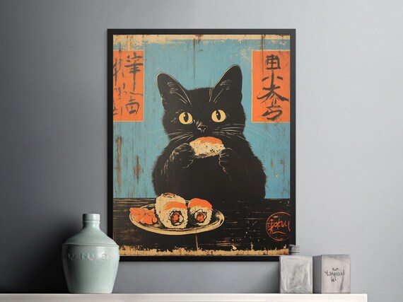 Black Cat Eating Sushi Vintage Japanese Blue Background Poster