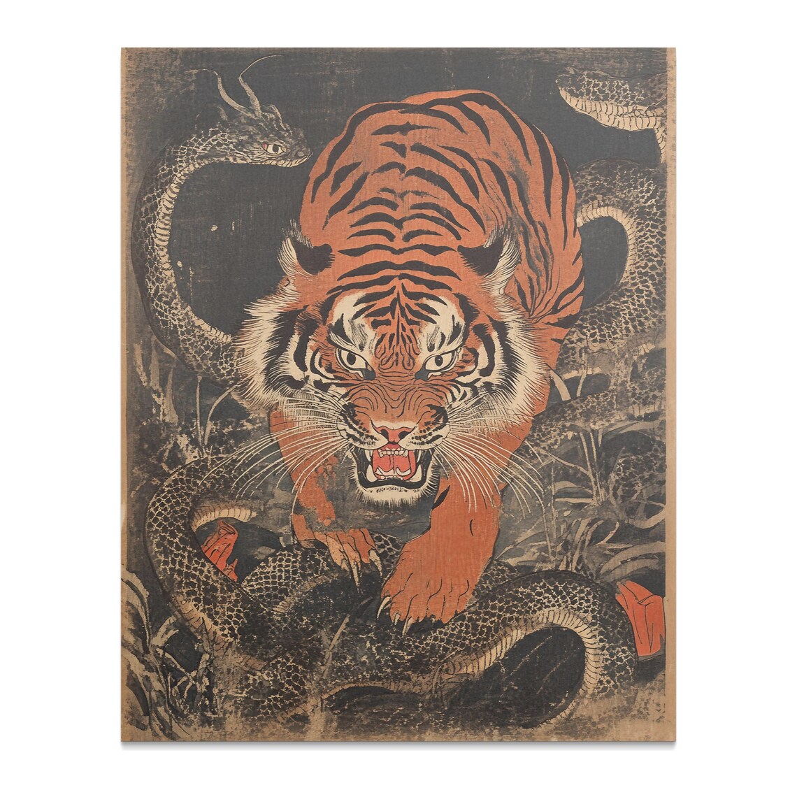 Tiger Fighting Snake Epic Battle Vintage Japanese Woodblock Art Poster - Image 2