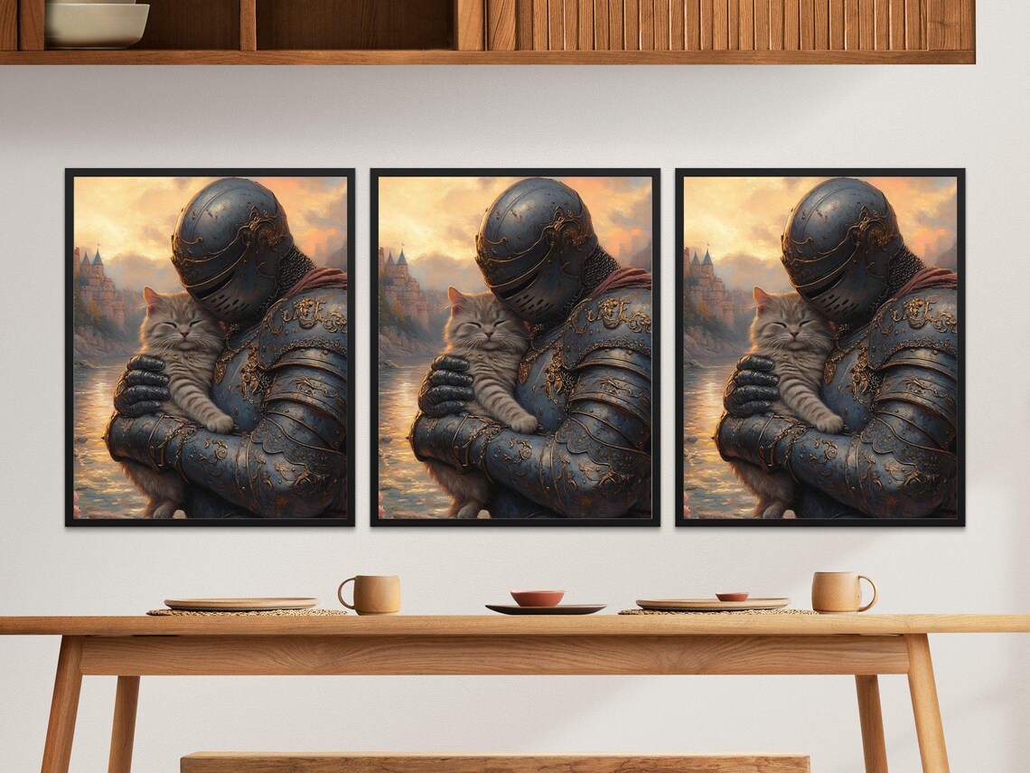 Armored Knight Cuddling Tabby Cat Castle Sunset Fantasy Wall Art Poster - Image 2