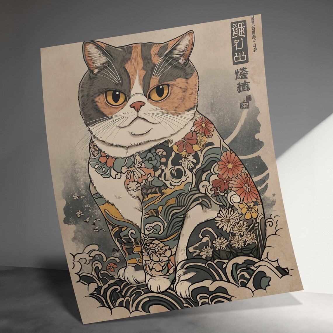 Calico Cat Ukiyo E Woodblock Tattoo Flowers Waves Japanese Art Poster - Image 3