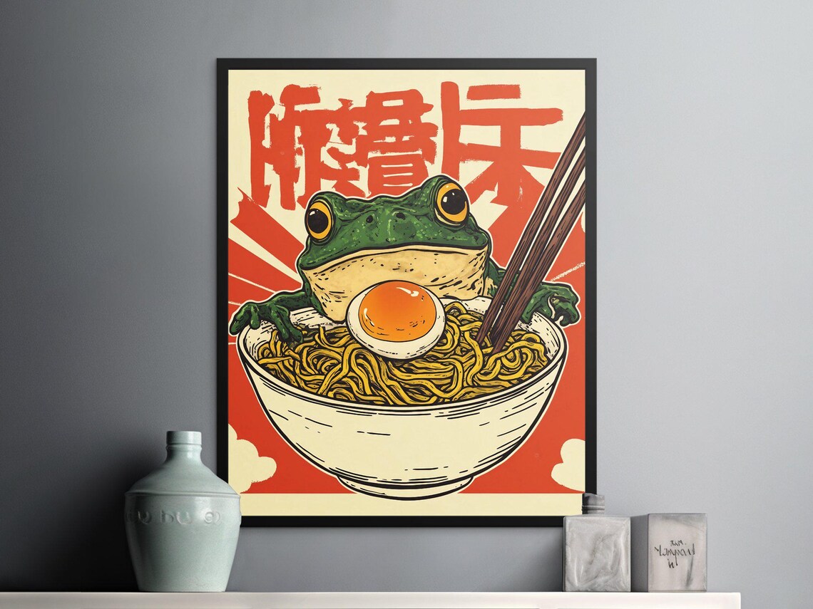 Funny Green Frog With Ramen Bowl Soft Egg Retro Japanese Food Art Poster - Image 2