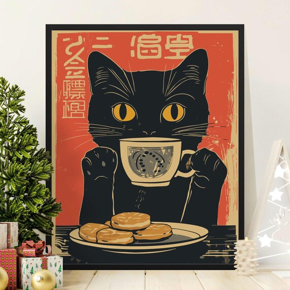 Black Cat Drinking Tea Retro Japanese Poster With Cookies Wall Art