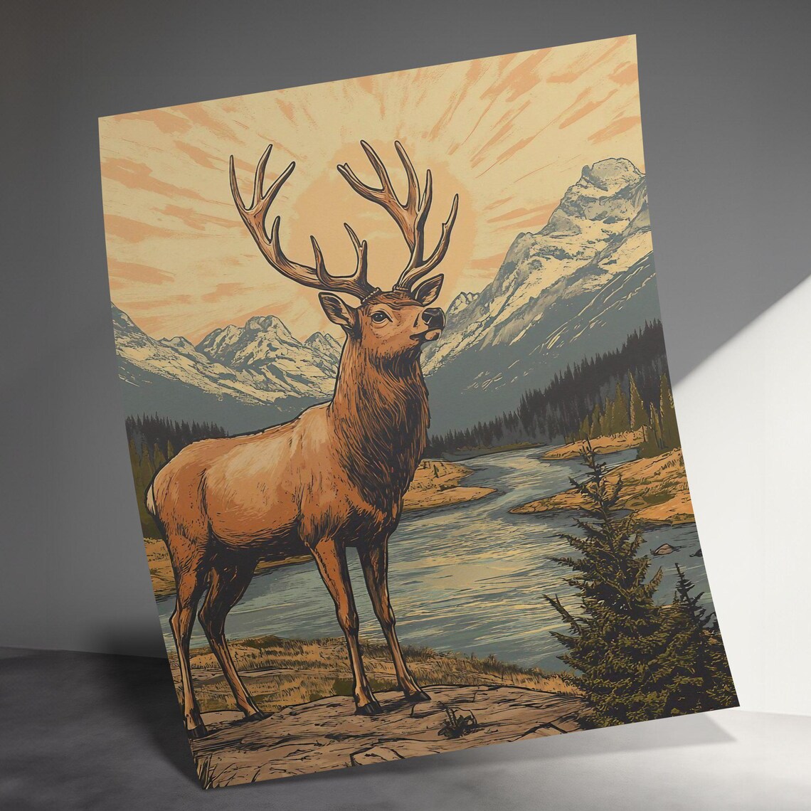 Majestic Elk Mountain River Sunset Vintage Wildlife Travel Poster - Image 3