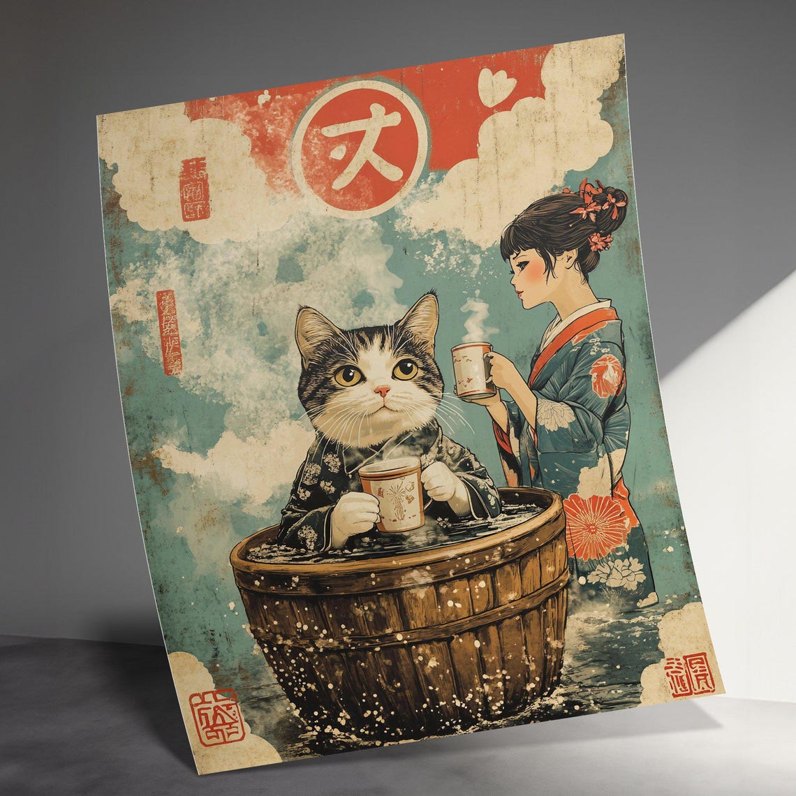 Vintage Japanese Art Poster Cat In Wooden Tub Geisha With Teacup Retro Animal Print Unique Wall Decor Asian Themed Home Art - Image 3