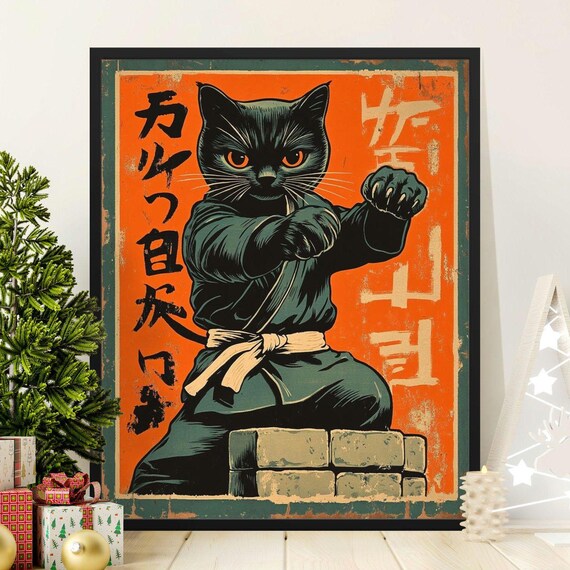 Black Cat Karate Brick Break Retro Japanese Martial Arts Power Art Poster