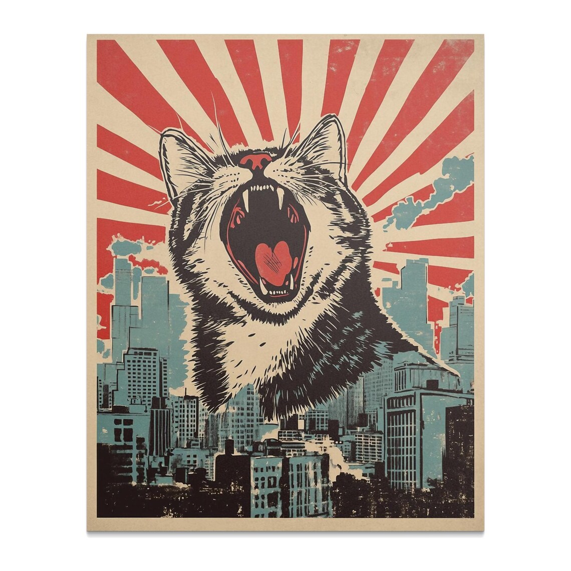 Giant Roaring Cat Over City Skyline Rising Sun Pop Art Wall Poster - Image 2