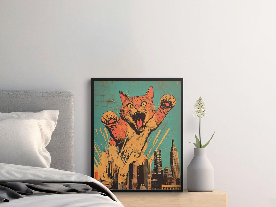 Giant Orange Cat Attacking City Skyline Retro Monster Movie Poster - Image 2