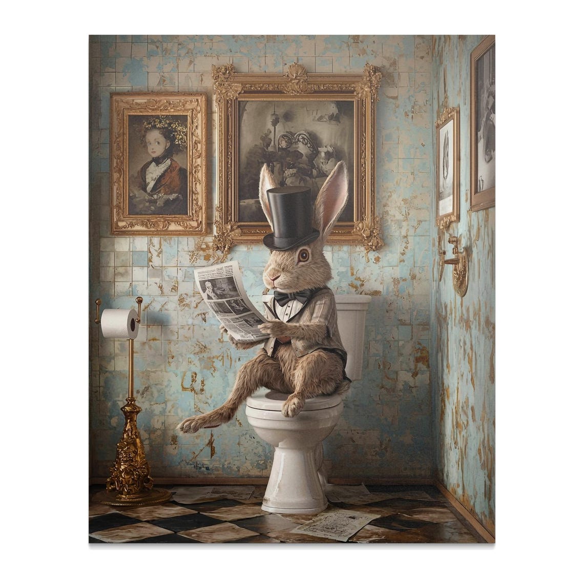 Rabbit In Top Hat Reading Newspaper On Toilet Funny Bathroom Poster - Image 3