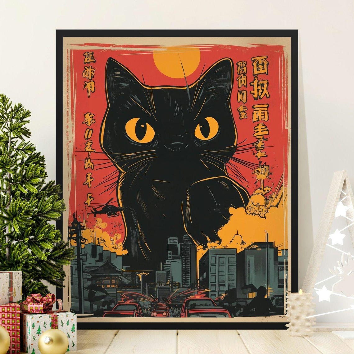Giant Black Cat Monster Looming Over Sunset City Comic Poster