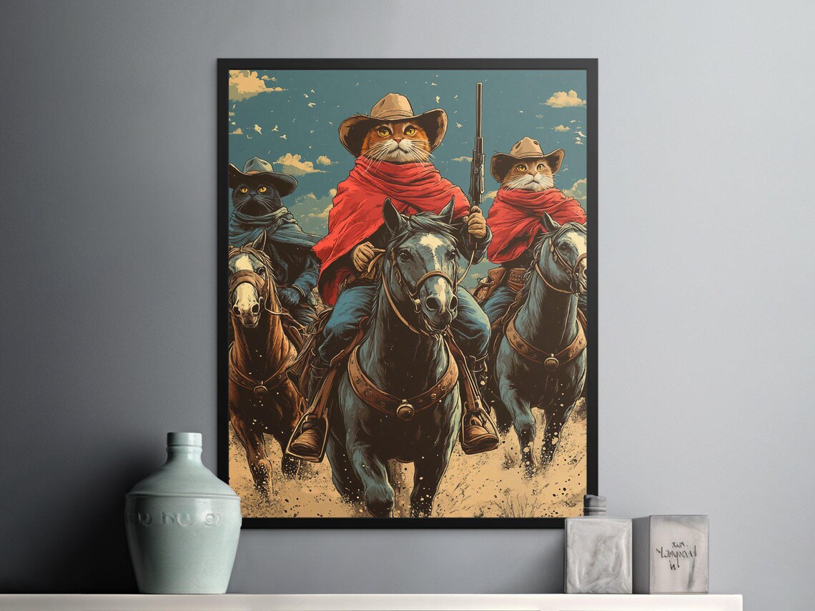 Cowboy Cats Riding Horses Vintage Western Movie Style Funny Cat Trio Poster - Image 2